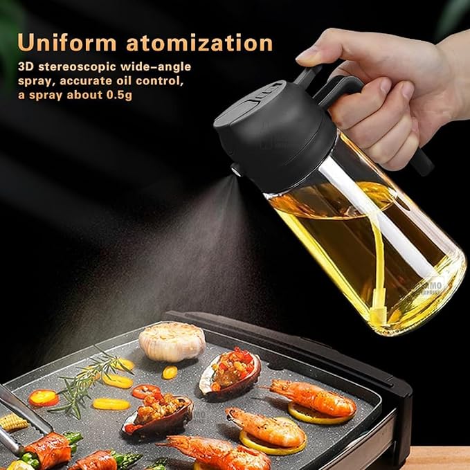 Satyaveer Ltd 2-in-1 Glass Oil Dispenser & Sprayer for Cooking, 500ml Olive Oil Spray Bottle with Handle, Fine Mist & Pour Spout, Leak-Proof for Air Fryer, Salad, BBQ & Kitchen (Black)