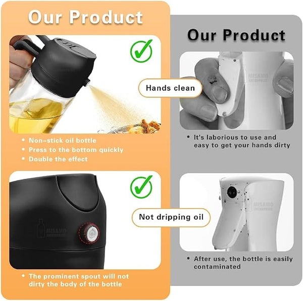 Satyaveer Ltd 2-in-1 Glass Oil Dispenser & Sprayer for Cooking, 500ml Olive Oil Spray Bottle with Handle, Fine Mist & Pour Spout, Leak-Proof for Air Fryer, Salad, BBQ & Kitchen (Black)