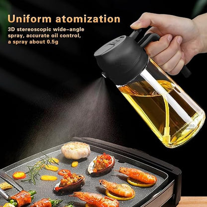Satyaveer Ltd 2-in-1 Glass Oil Dispenser & Sprayer for Cooking, 500ml Olive Oil Spray Bottle with Handle, Fine Mist & Pour Spout, Leak-Proof for Air Fryer, Salad, BBQ & Kitchen (Black)