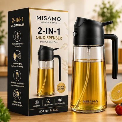 Satyaveer Ltd 2-in-1 Glass Oil Dispenser & Sprayer for Cooking, 500ml Olive Oil Spray Bottle with Handle, Fine Mist & Pour Spout, Leak-Proof for Air Fryer, Salad, BBQ & Kitchen (Black)