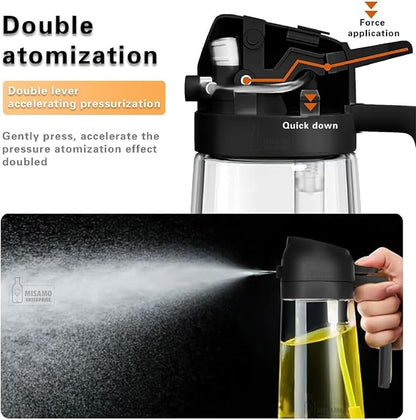Satyaveer Ltd 2-in-1 Glass Oil Dispenser & Sprayer for Cooking, 500ml Olive Oil Spray Bottle with Handle, Fine Mist & Pour Spout, Leak-Proof for Air Fryer, Salad, BBQ & Kitchen (Black)