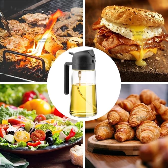 Satyaveer Ltd 2-in-1 Glass Oil Dispenser & Sprayer for Cooking, 500ml Olive Oil Spray Bottle with Handle, Fine Mist & Pour Spout, Leak-Proof for Air Fryer, Salad, BBQ & Kitchen (Black)