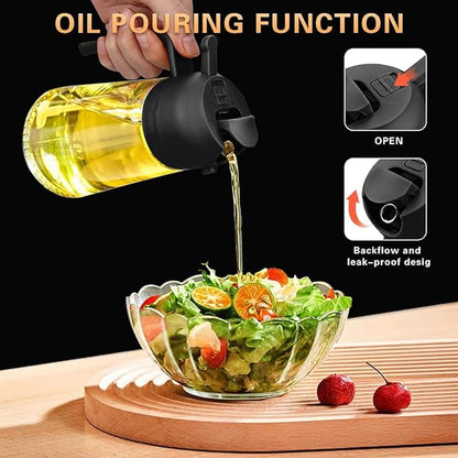 Satyaveer Ltd 2-in-1 Glass Oil Dispenser & Sprayer for Cooking, 500ml Olive Oil Spray Bottle with Handle, Fine Mist & Pour Spout, Leak-Proof for Air Fryer, Salad, BBQ & Kitchen (Black)